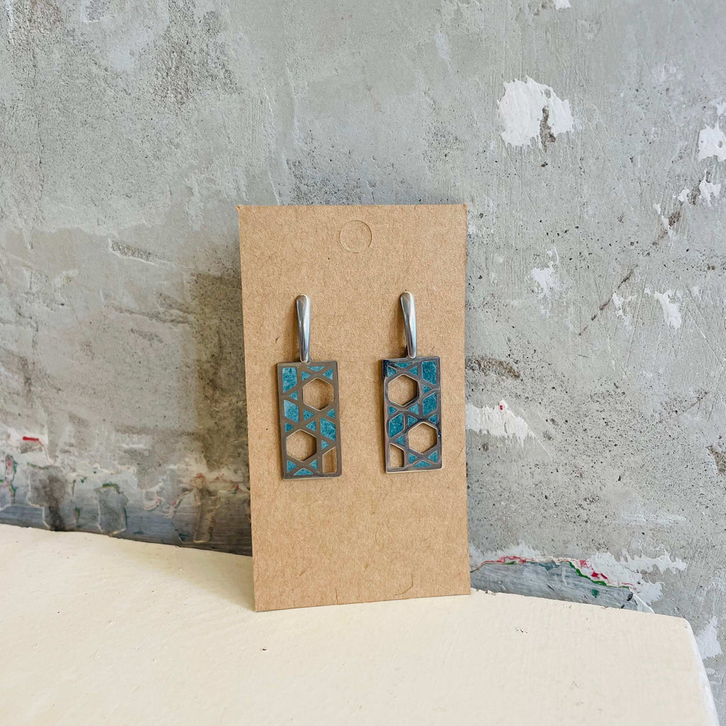 Rectangle decorated with concrete Stars of David, hanging earrings by Stef.co