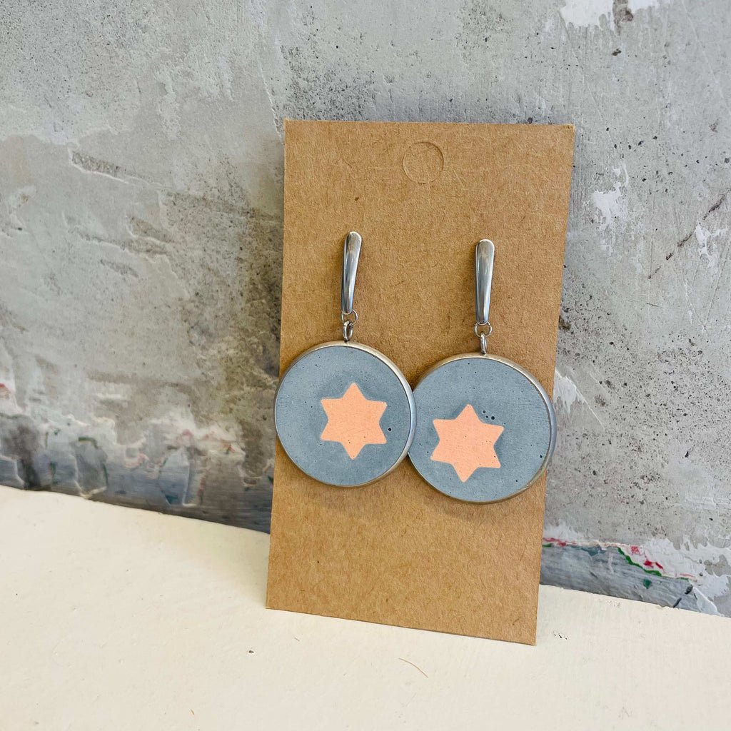 Star of David hanging earrings combined with light blue round concrete by Stef.co