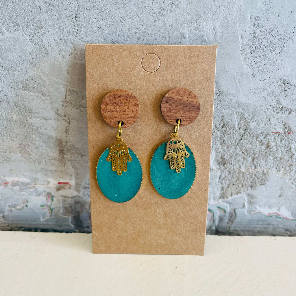 Chamsa earrings with an aquamarine oval-shaped concrete piece by Stef.co