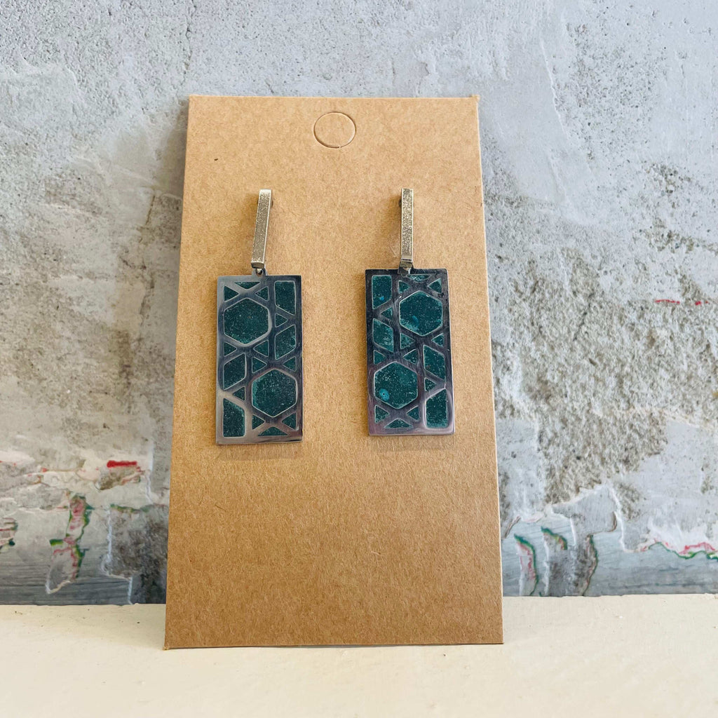 Rectangle decorated with concrete Stars of David, hanging earrings by Stef.co