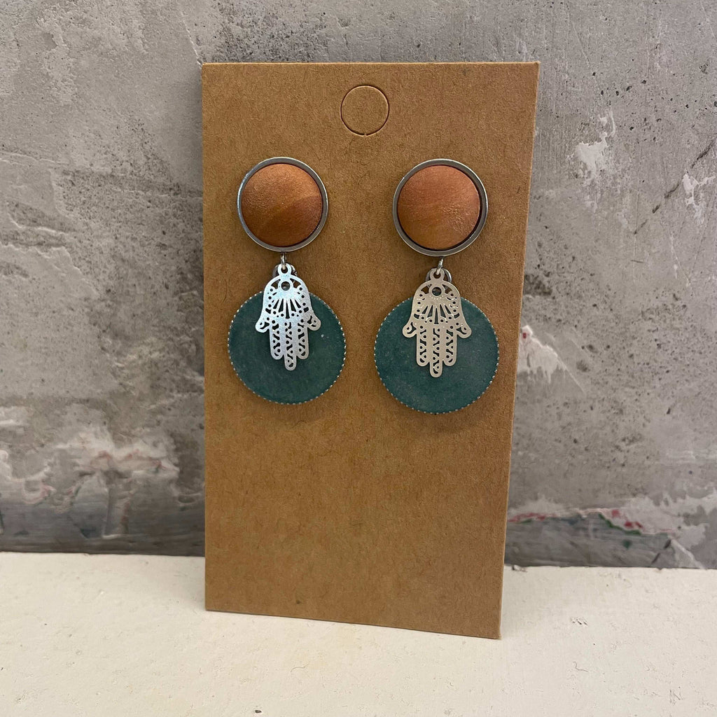 Chamsa earrings with an aquamarine background, brown round concrete piece by Stef.co