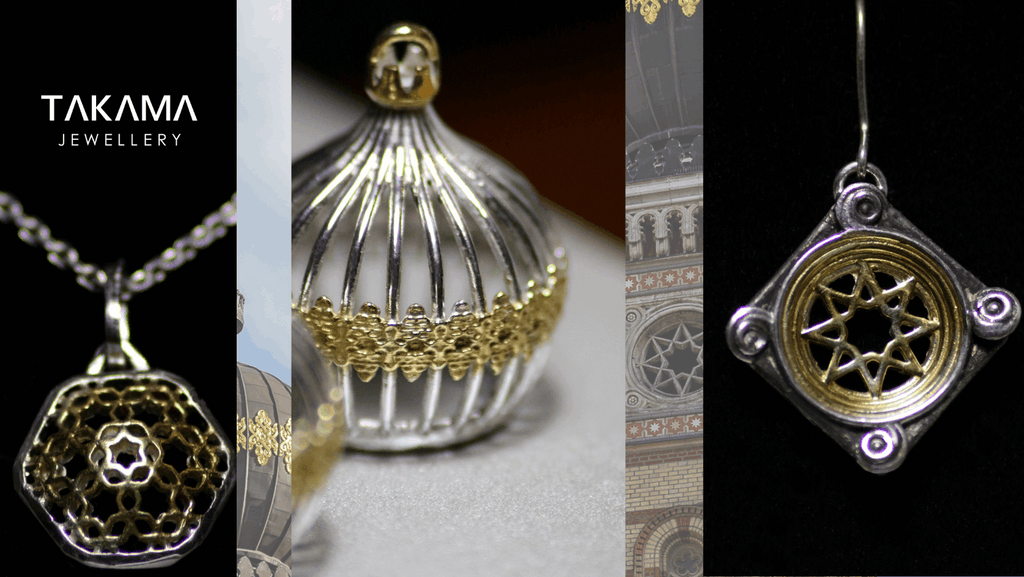 Earrings, tower element of the Dohany Synagogue, silver, Takama