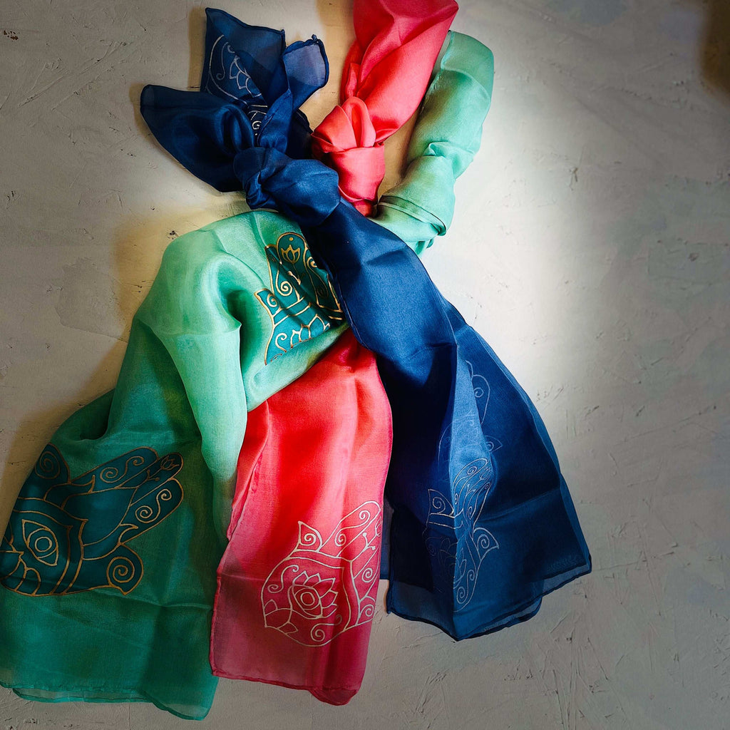 Silk scarf decorated with chamsas, 67*67 cm