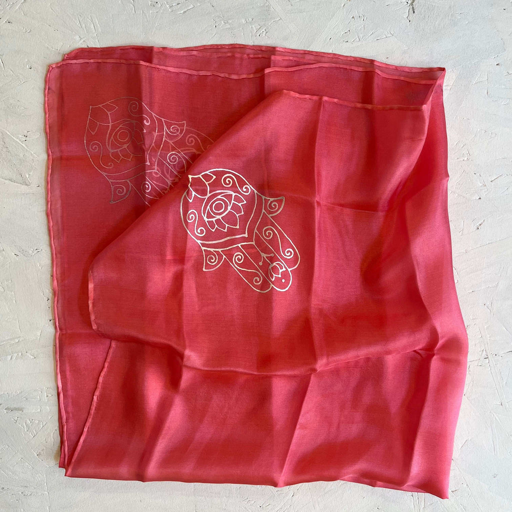 Silk scarf decorated with chamsas, 67*67 cm