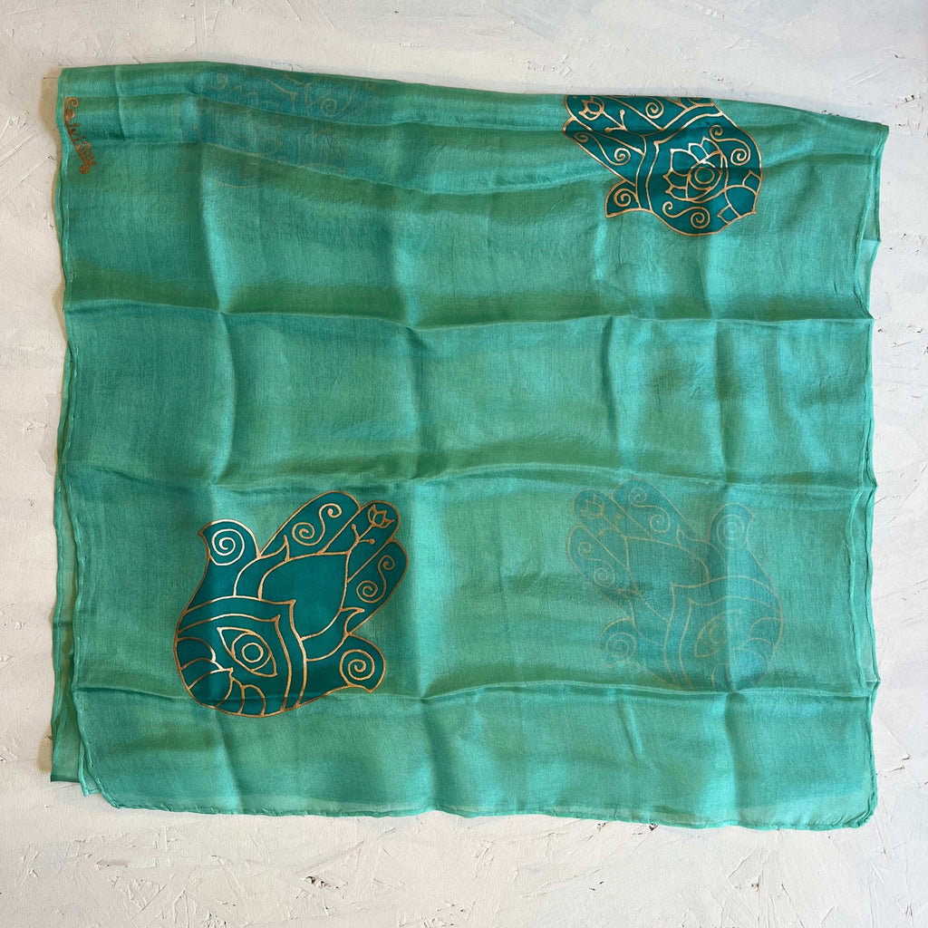 Silk scarf decorated with chamsas, 150*40 cm